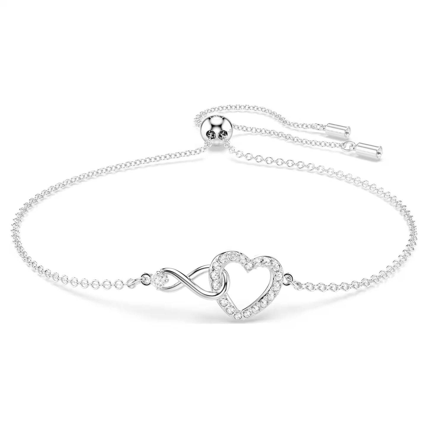 Hyperbola bracelet, Infinity and heart, White, Rhodium plated