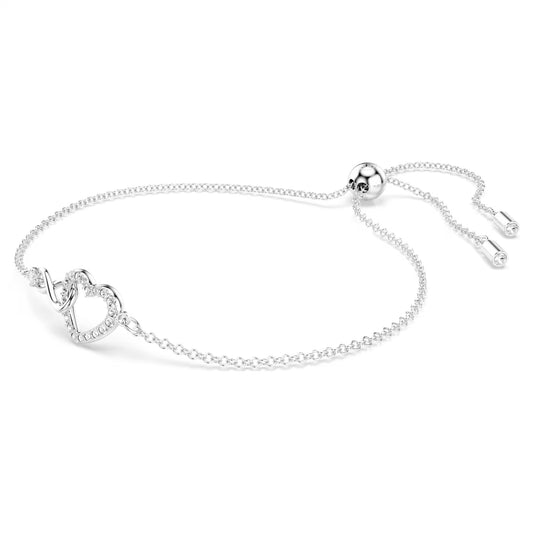 Hyperbola bracelet, Infinity and heart, White, Rhodium plated