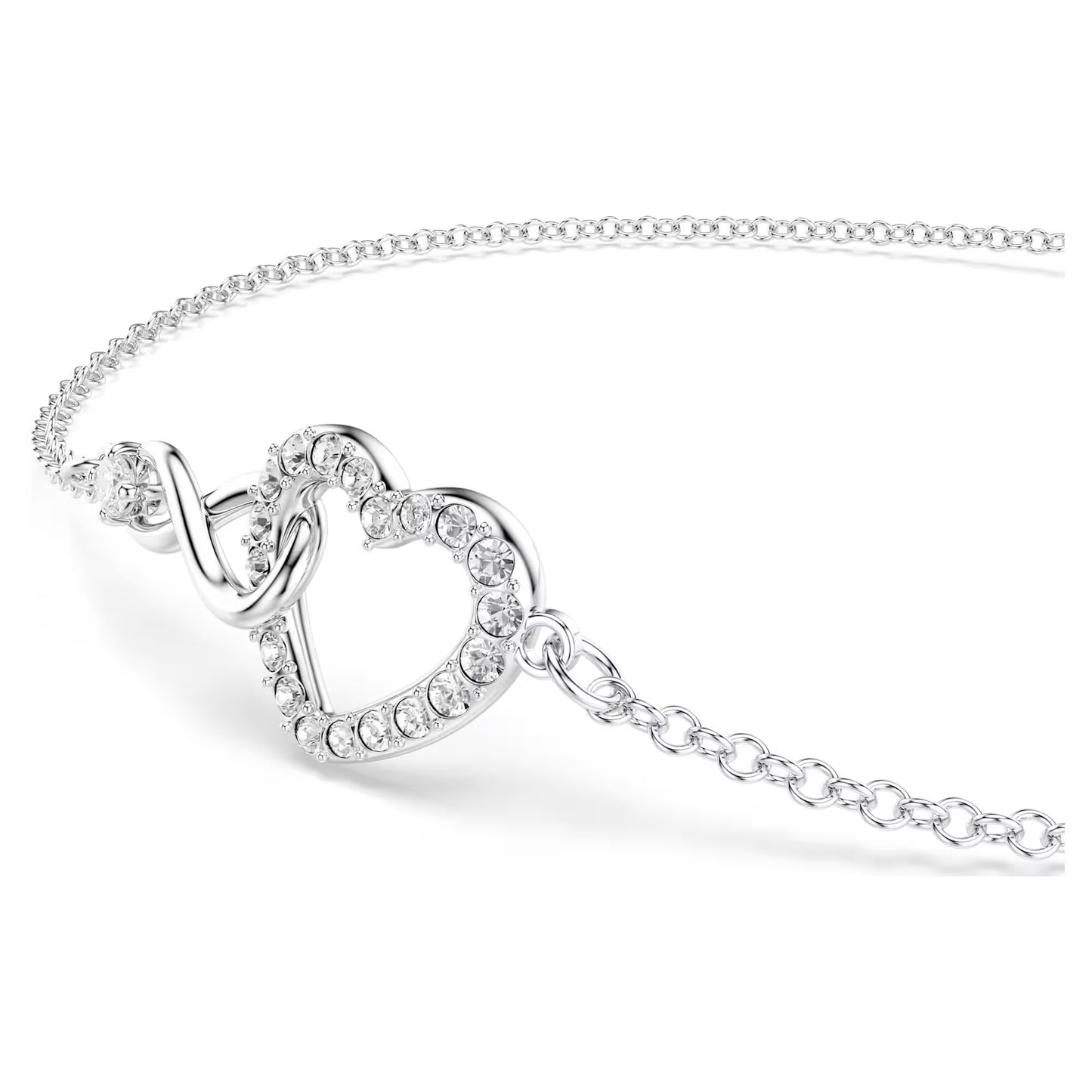 Hyperbola bracelet, Infinity and heart, White, Rhodium plated