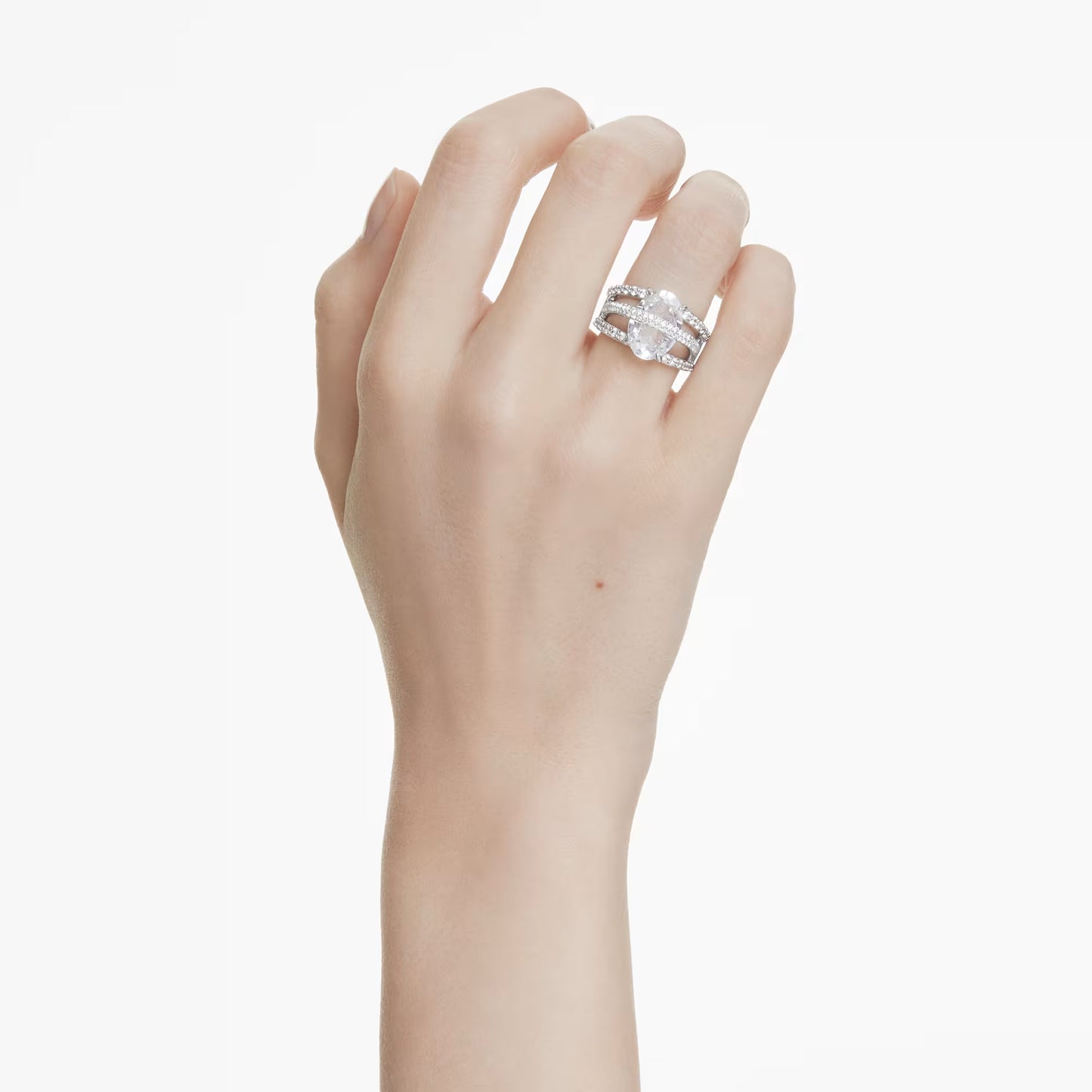 Hyperbola cocktail ring, Mixed cuts, White, Rhodium plated