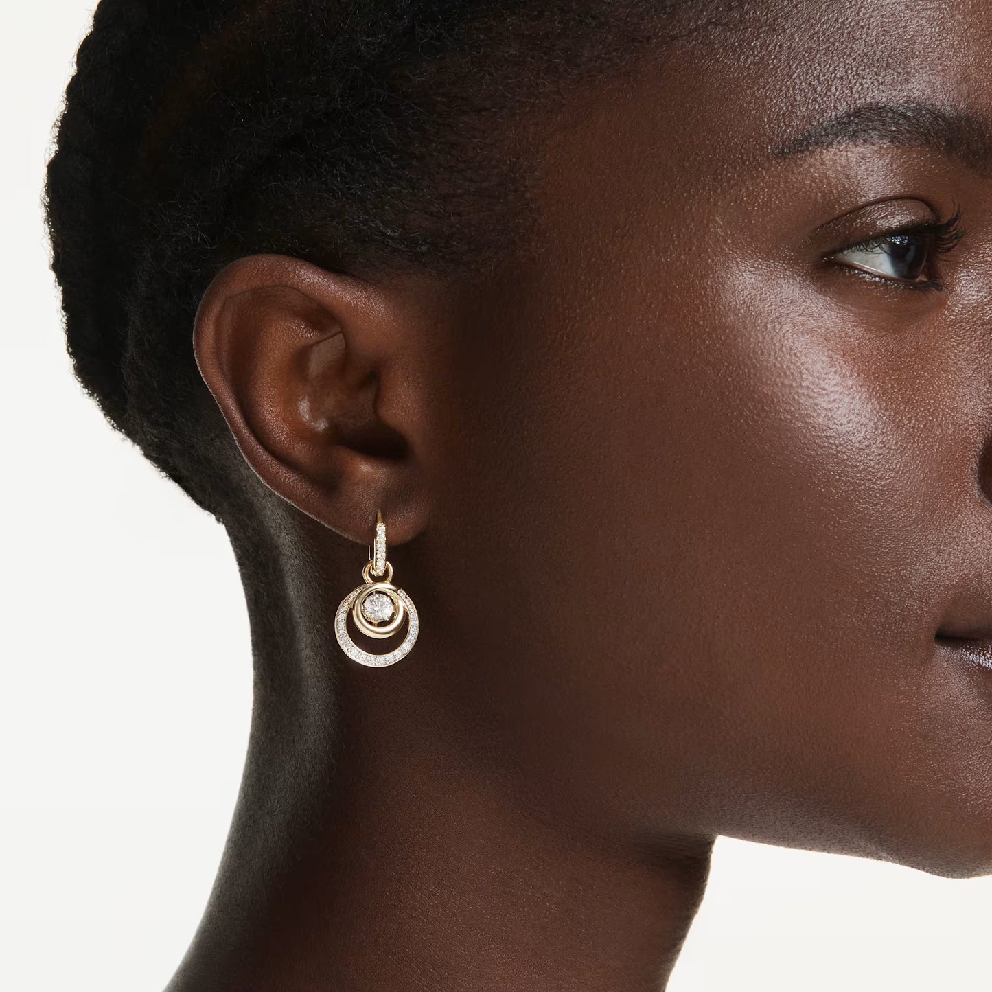 Hyperbola drop earrings, Round cut, White, Gold-tone plated
