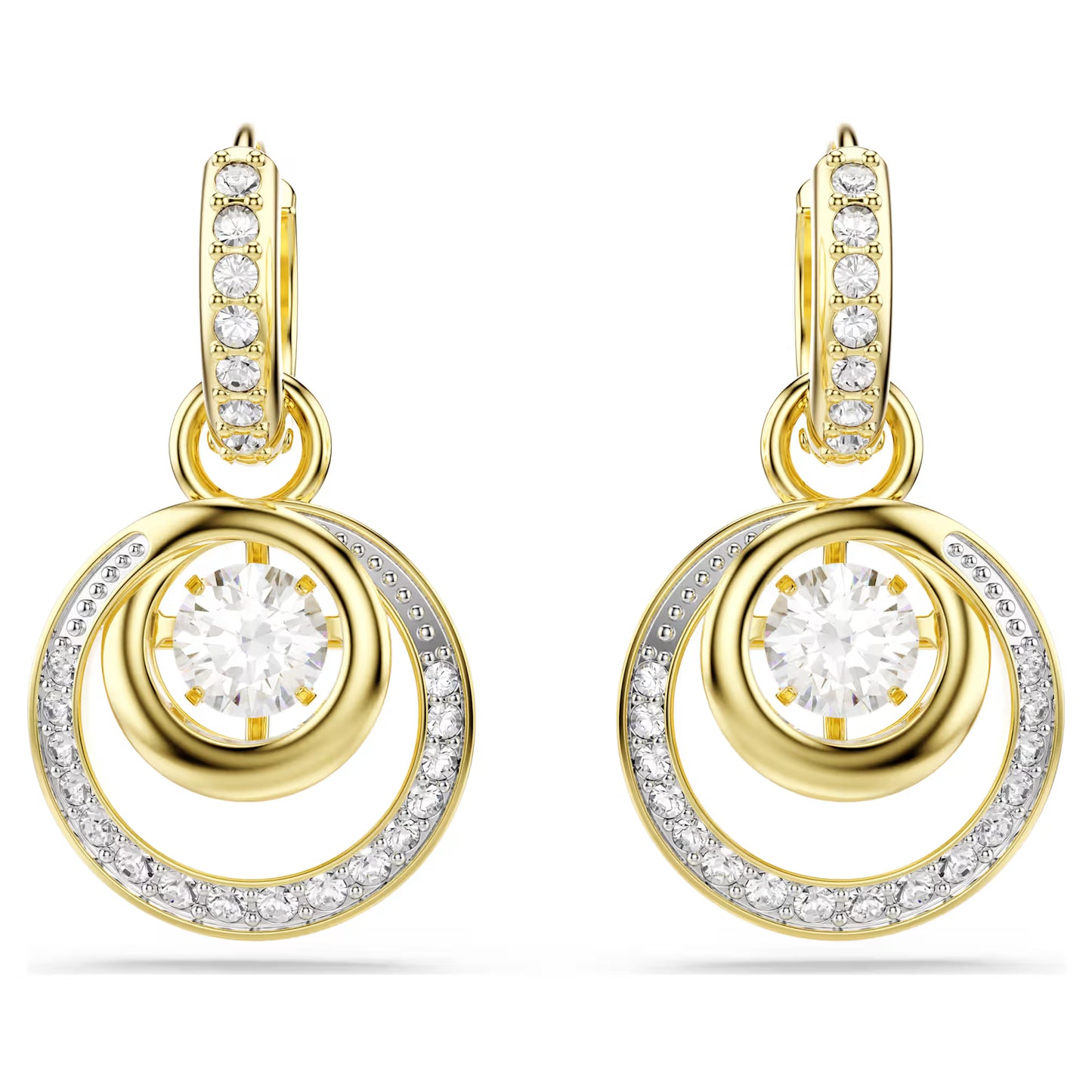 Hyperbola drop earrings, Round cut, White, Gold-tone plated