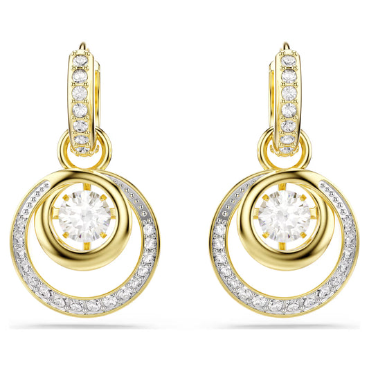 Hyperbola drop earrings, Round cut, White, Gold-tone plated