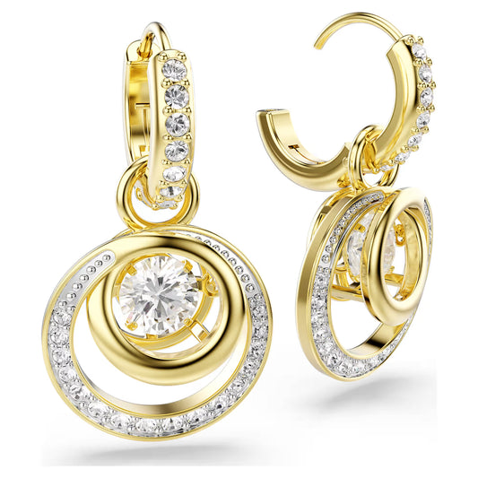 Hyperbola drop earrings, Round cut, White, Gold-tone plated
