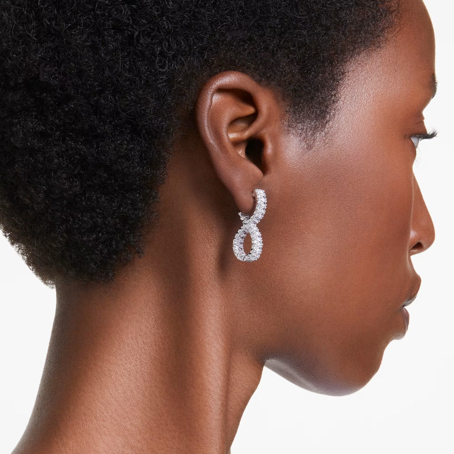 Hyperbola hoop earrings, Infinity, White, Rhodium
