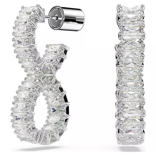 Hyperbola hoop earrings, Infinity, White, Rhodium