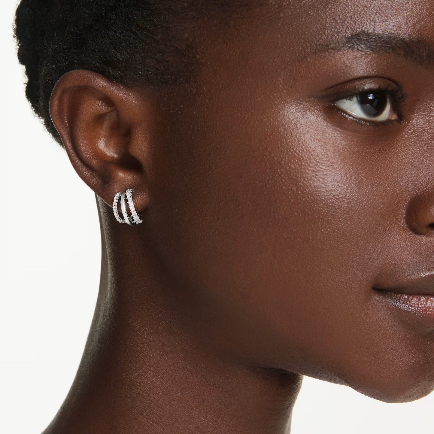 Hyperbola hoop earrings, Round cut, Mini, White, Rhodium plated