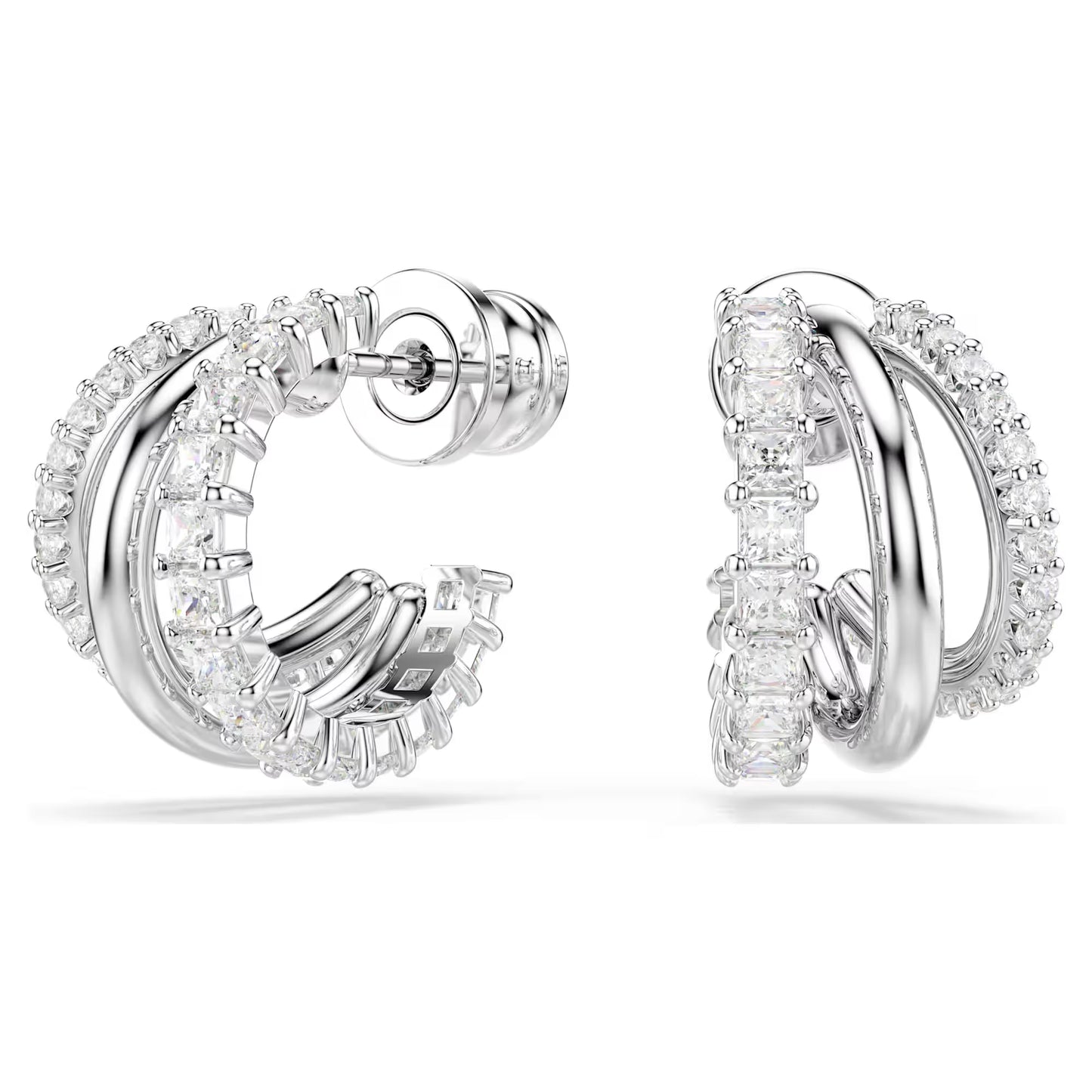 Hyperbola hoop earrings, Round cut, Mini, White, Rhodium plated