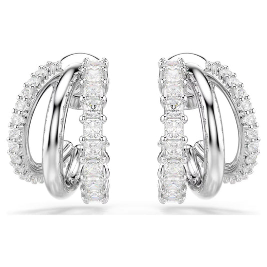 Hyperbola hoop earrings, Round cut, Mini, White, Rhodium plated