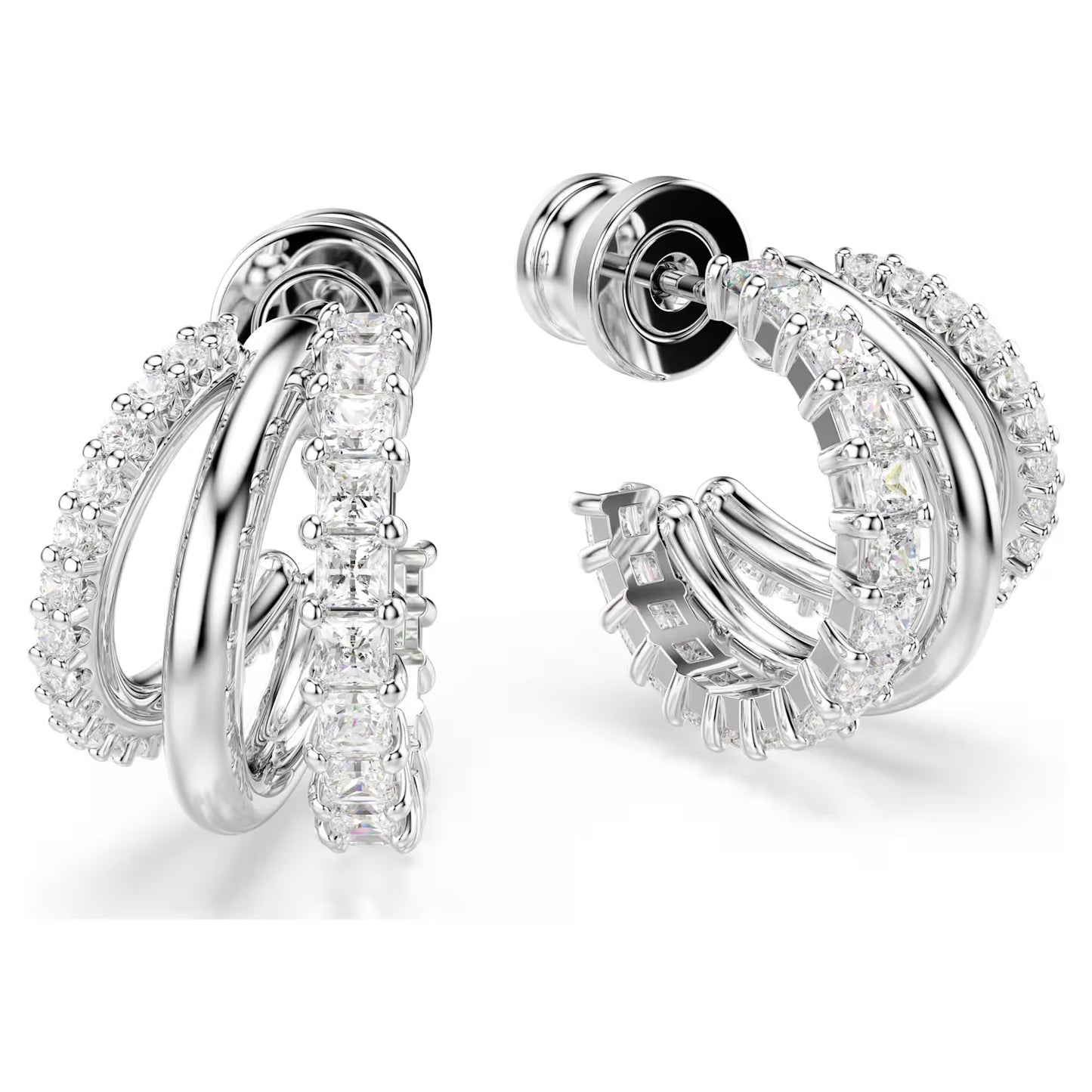 Hyperbola hoop earrings, Round cut, Mini, White, Rhodium plated