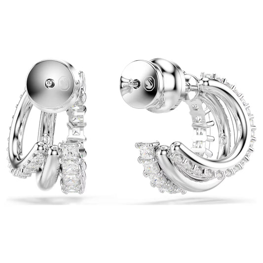 Hyperbola hoop earrings, Round cut, Mini, White, Rhodium plated