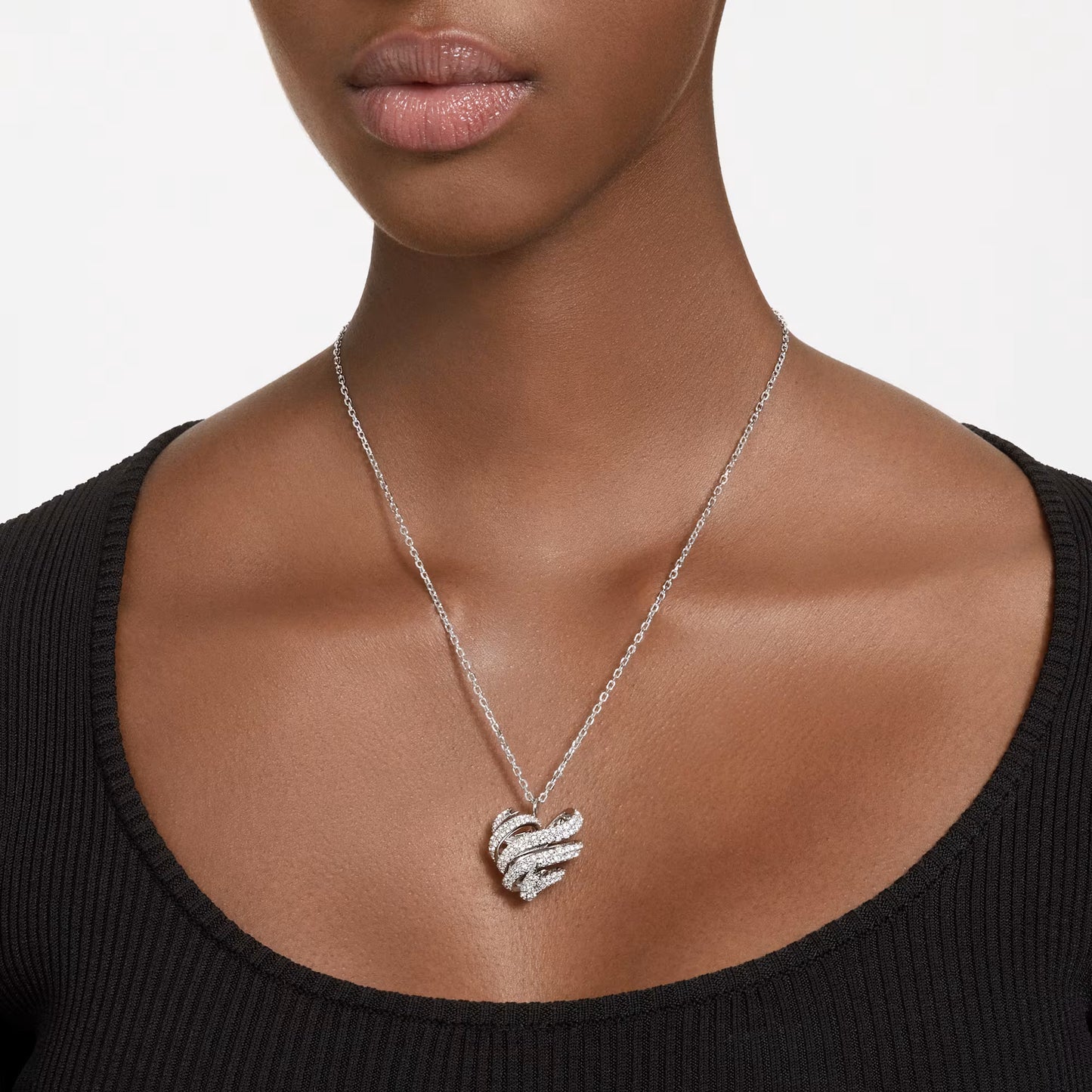 Volta pendant, Heart, Small, White, Rhodium plated