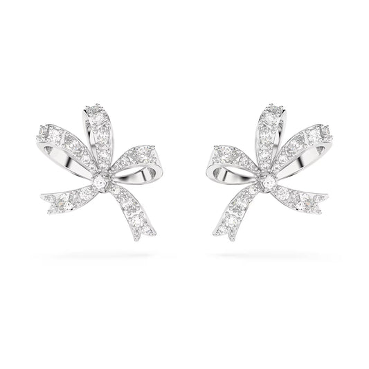Volta stud earrings, Bow, Small, White, Rhodium