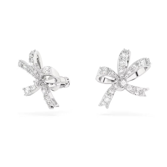 Volta stud earrings, Bow, Small, White, Rhodium