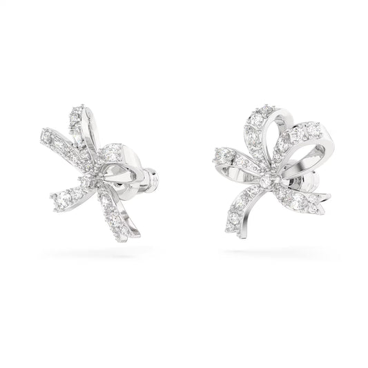 Volta stud earrings, Bow, Small, White, Rhodium