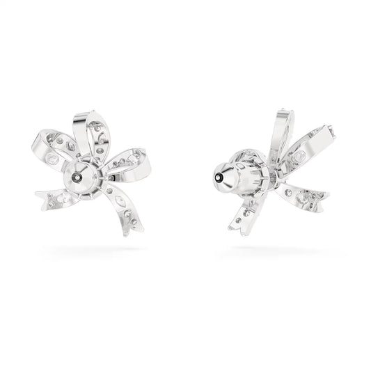 Volta stud earrings, Bow, Small, White, Rhodium