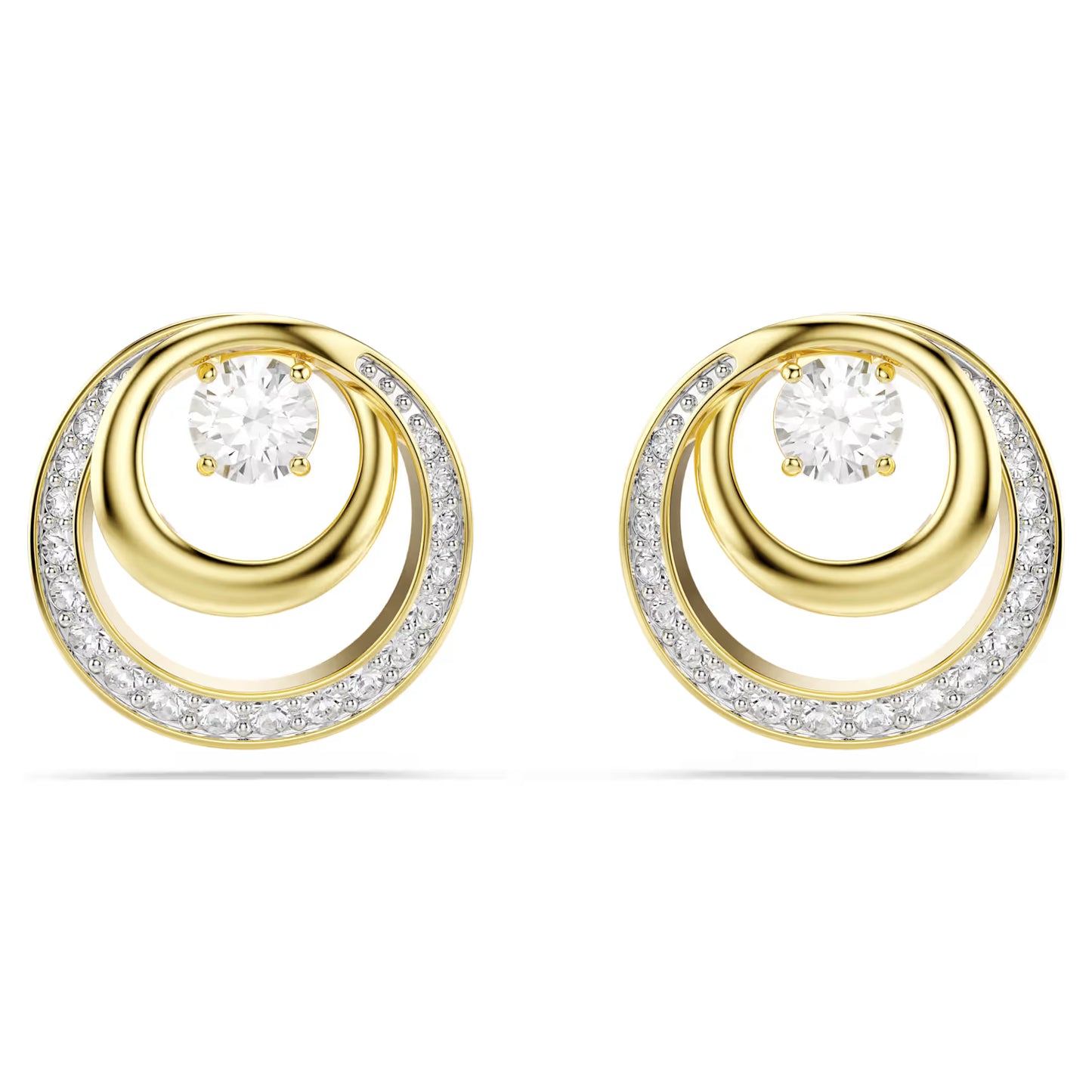 Hyperbola stud earrings, Round cut, White, Gold-tone plated