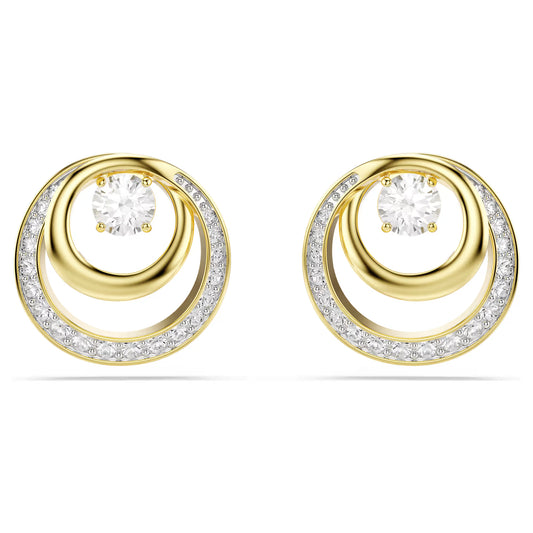 Hyperbola stud earrings, Round cut, White, Gold-tone plated