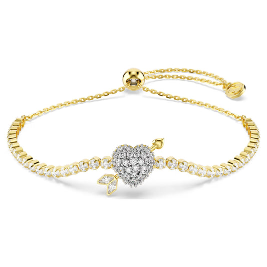 Idyllia bracelet, Mixed cuts, Heart with arrow, White, Gold-tone plated