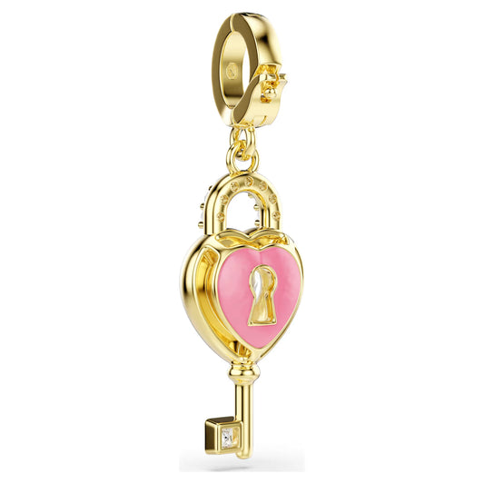Idyllia charm, Mixed cuts, Heart with key, White, Gold-tone plated