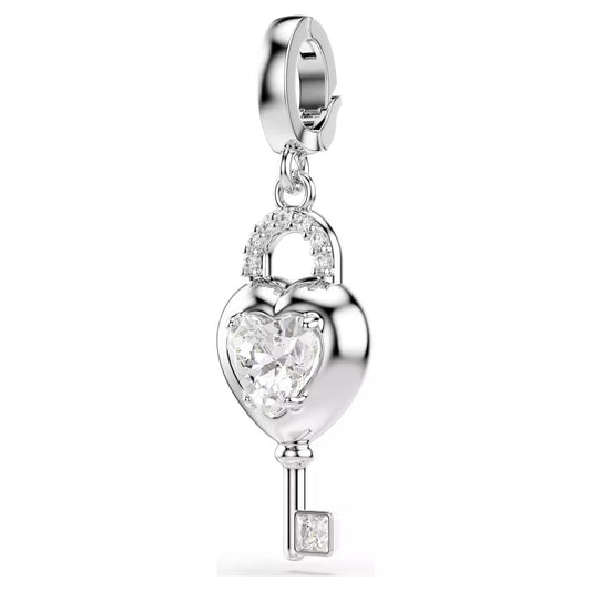 Idyllia charm, Mixed cuts, Heart with key, White, Rhodium plated