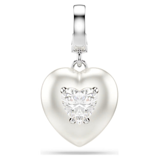 Idyllia charm, Mixed cuts, Pearl-colored coating, Heart, White, Rhodium plated