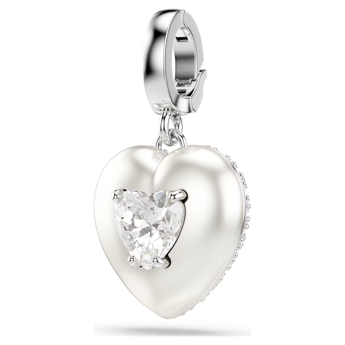 Idyllia charm, Mixed cuts, Pearl-colored coating, Heart, White, Rhodium plated