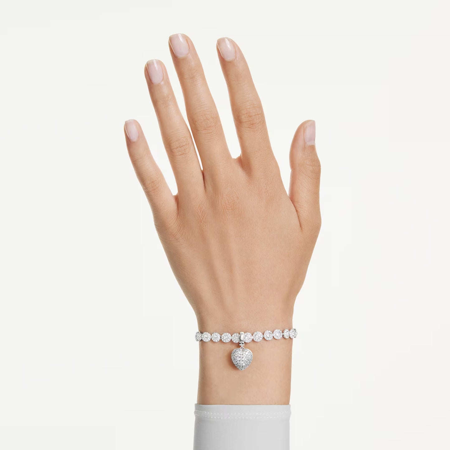 Idyllia charm, Mixed cuts, Pearl-colored coating, Heart, White, Rhodium plated