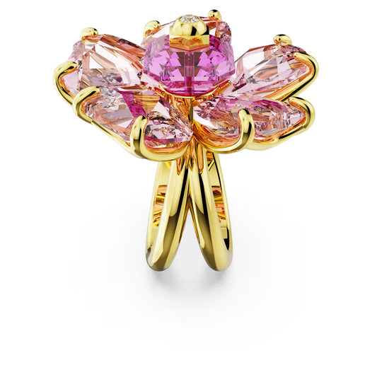Florere cocktail ring, Flower, Pink, Gold-tone