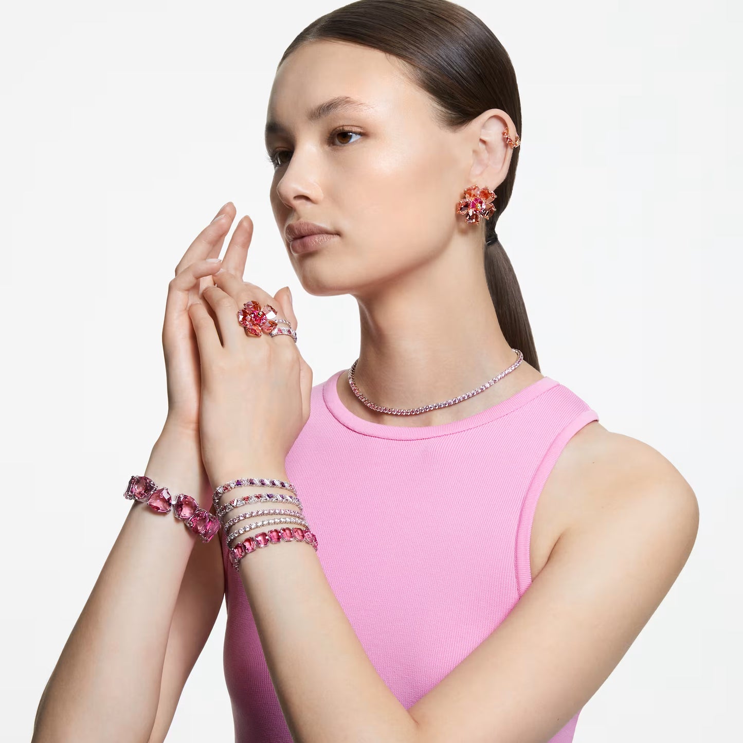 Florere cocktail ring, Flower, Pink, Gold-tone