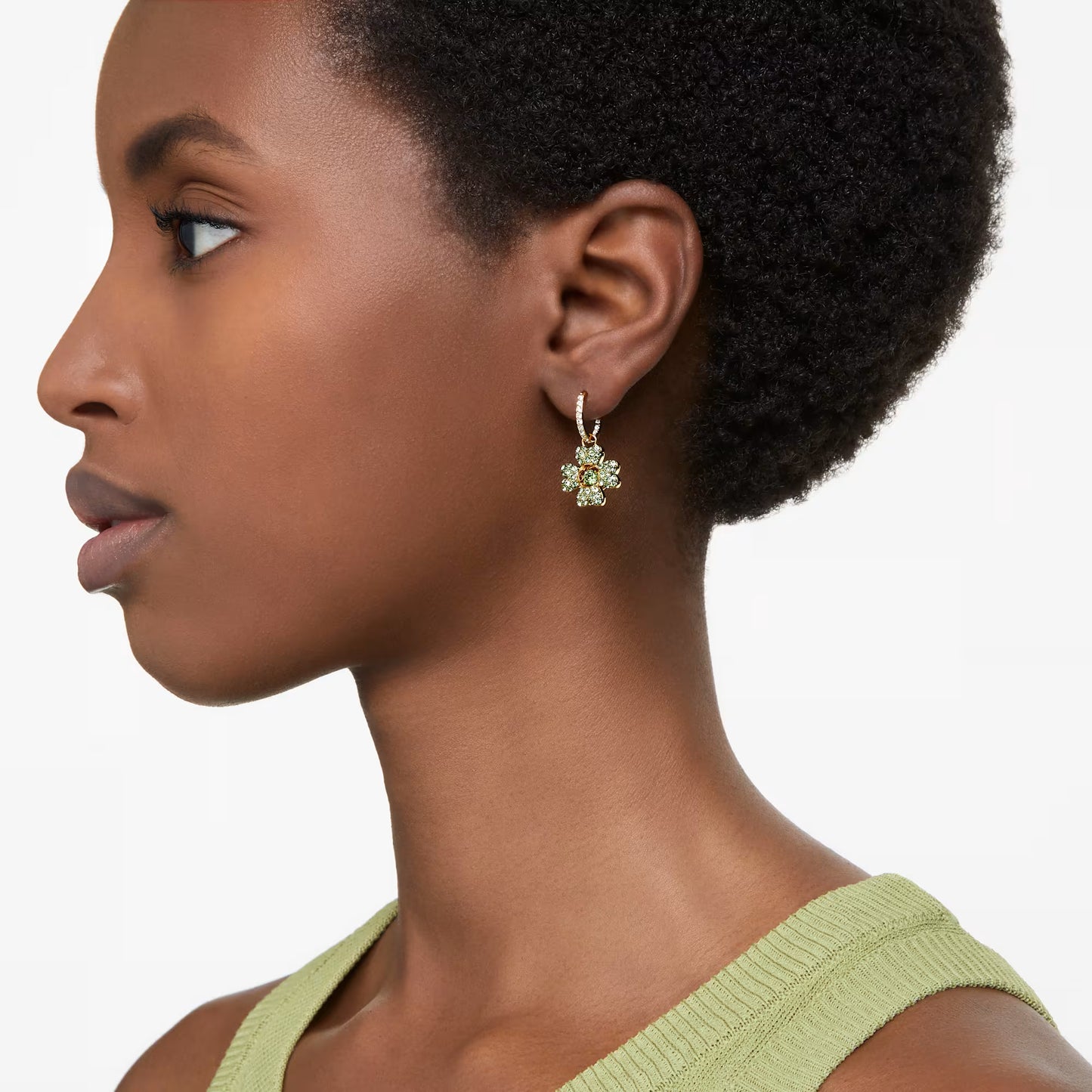 Idyllia drop earrings, Clover, Green, Gold-tone