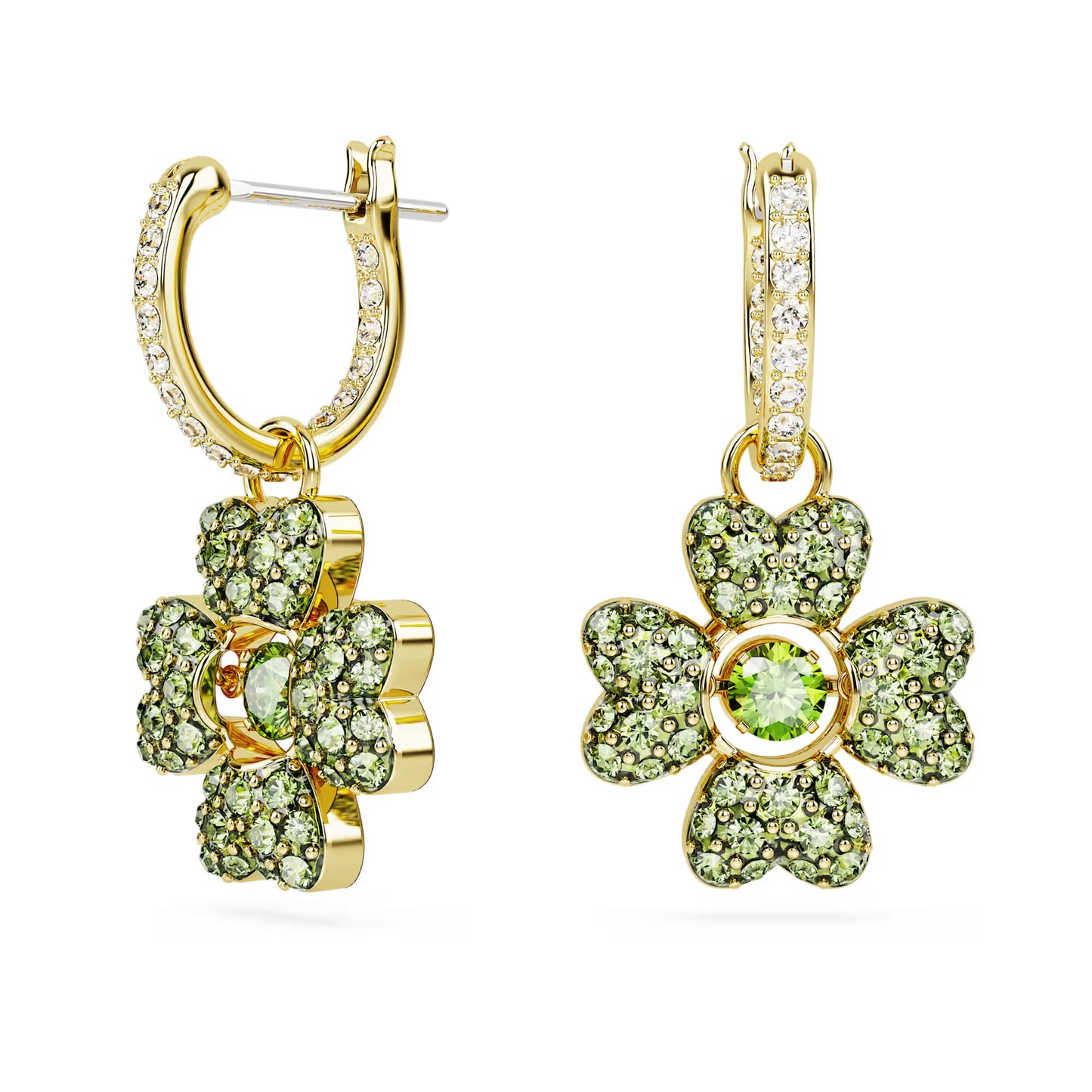 Idyllia drop earrings, Clover, Green, Gold-tone