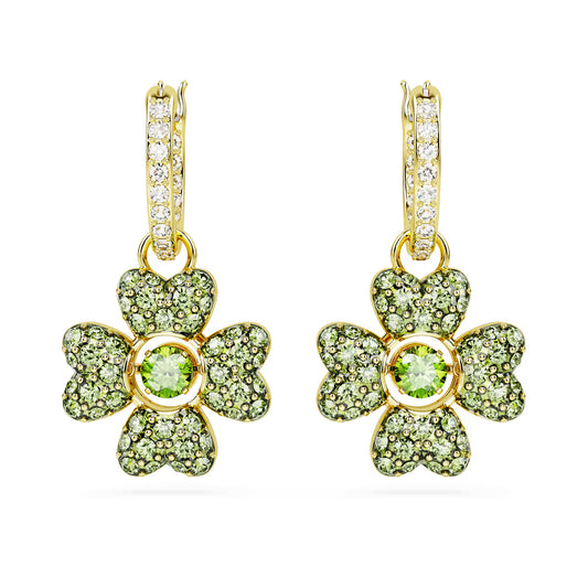 Idyllia drop earrings, Clover, Green, Gold-tone