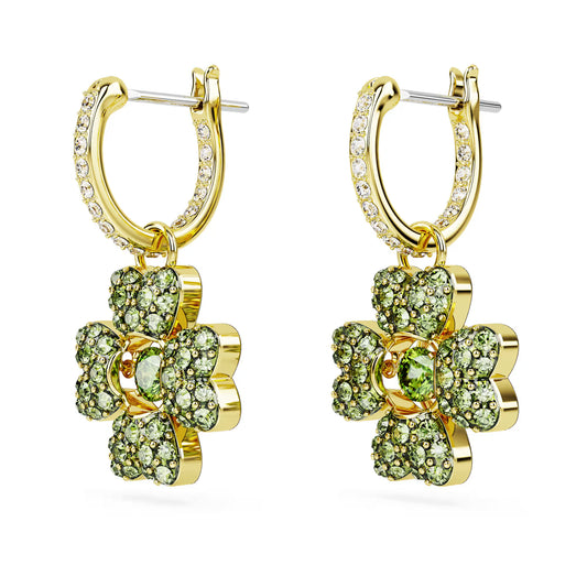 Idyllia drop earrings, Clover, Green, Gold-tone