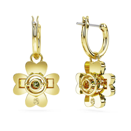 Idyllia drop earrings, Clover, Green, Gold-tone