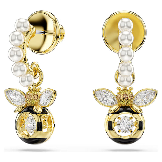 Idyllia drop earrings, Crystal pearl, Mixed cuts, Bee, Multicoloured, Gold-tone plated