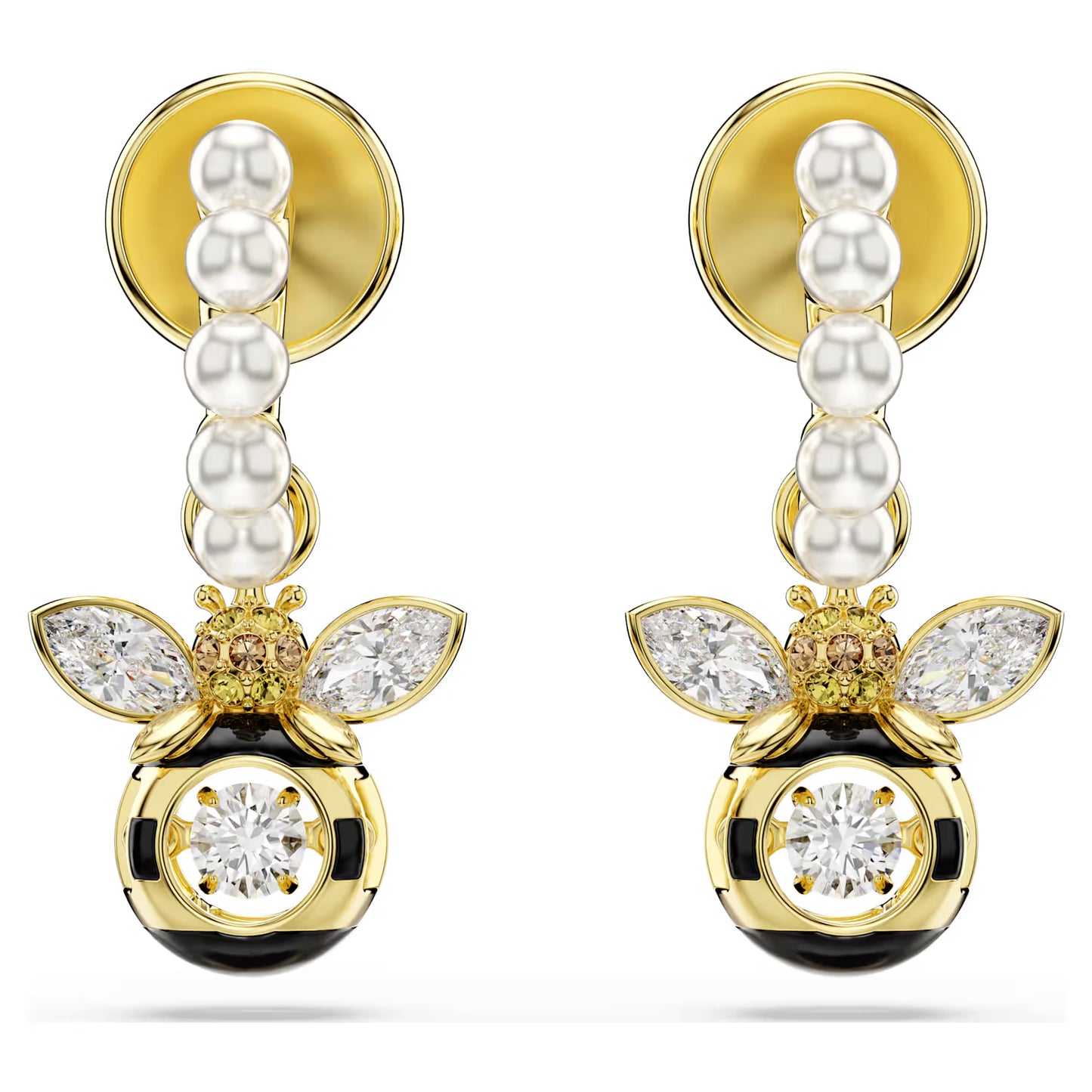 Idyllia drop earrings, Crystal pearl, Mixed cuts, Bee, Multicoloured, Gold-tone plated