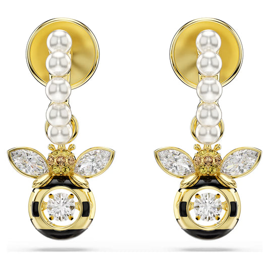 Idyllia drop earrings, Crystal pearl, Mixed cuts, Bee, Multicoloured, Gold-tone plated