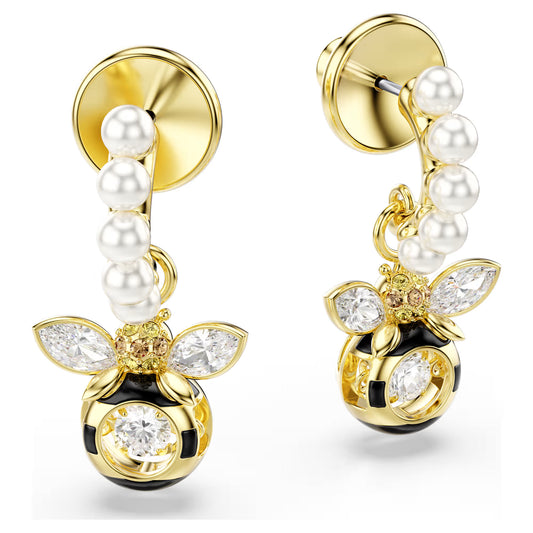 Idyllia drop earrings, Crystal pearl, Mixed cuts, Bee, Multicoloured, Gold-tone plated