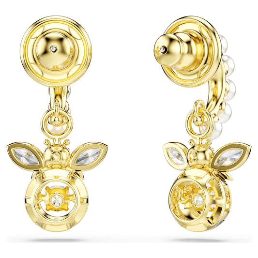 Idyllia drop earrings, Crystal pearl, Mixed cuts, Bee, Multicoloured, Gold-tone plated