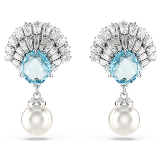 Idyllia drop earrings, Crystal pearl, Shell, Blue, Rhodium plated