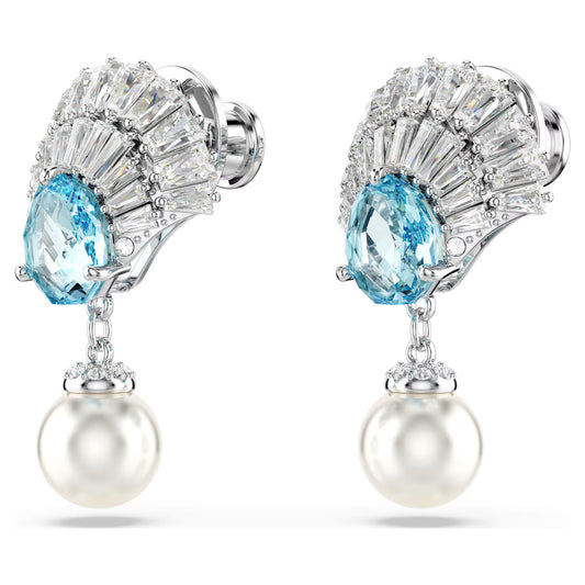 Idyllia drop earrings, Crystal pearl, Shell, Blue, Rhodium plated