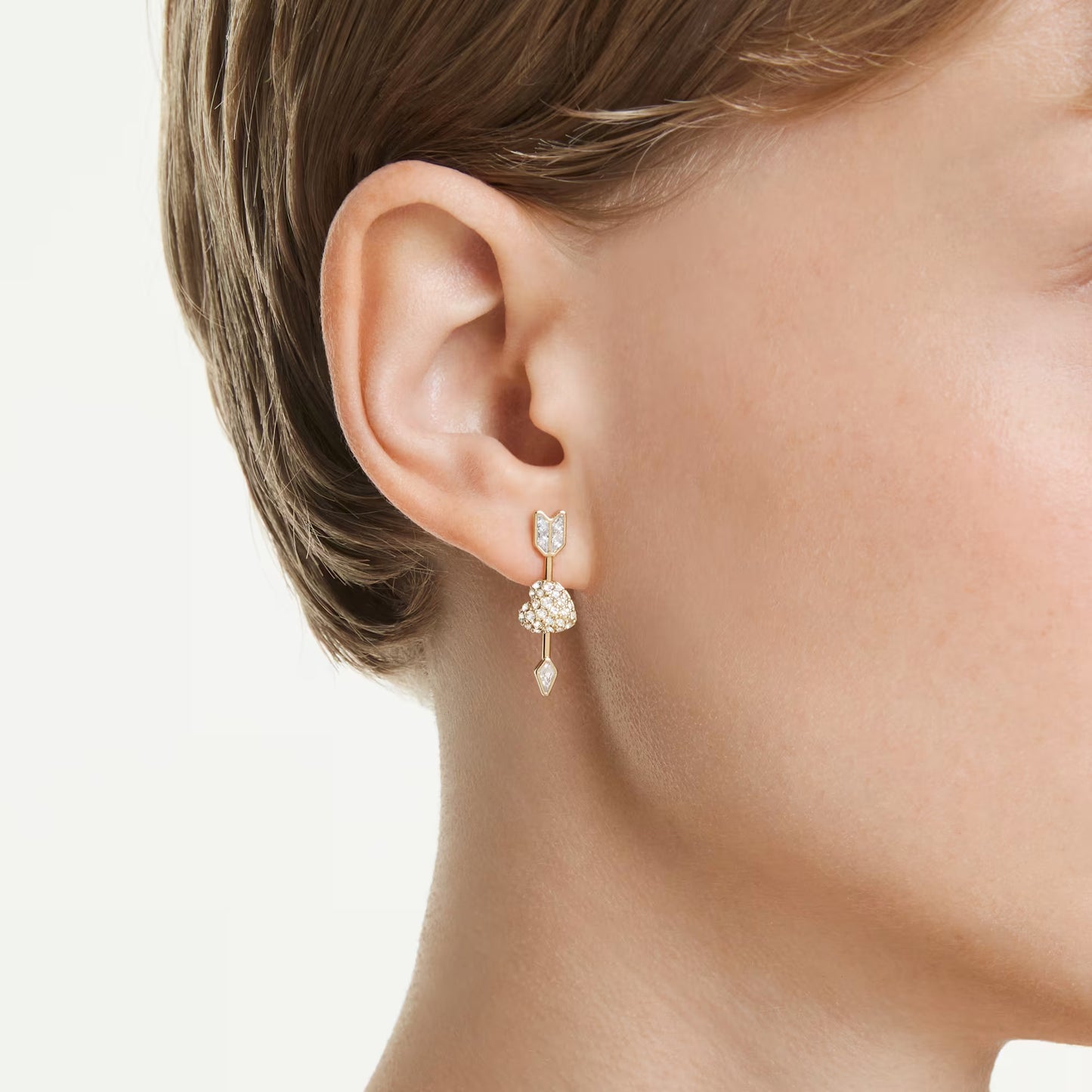 Idyllia drop earrings, Mixed cuts, Heart with arrow, White, Gold-tone plated