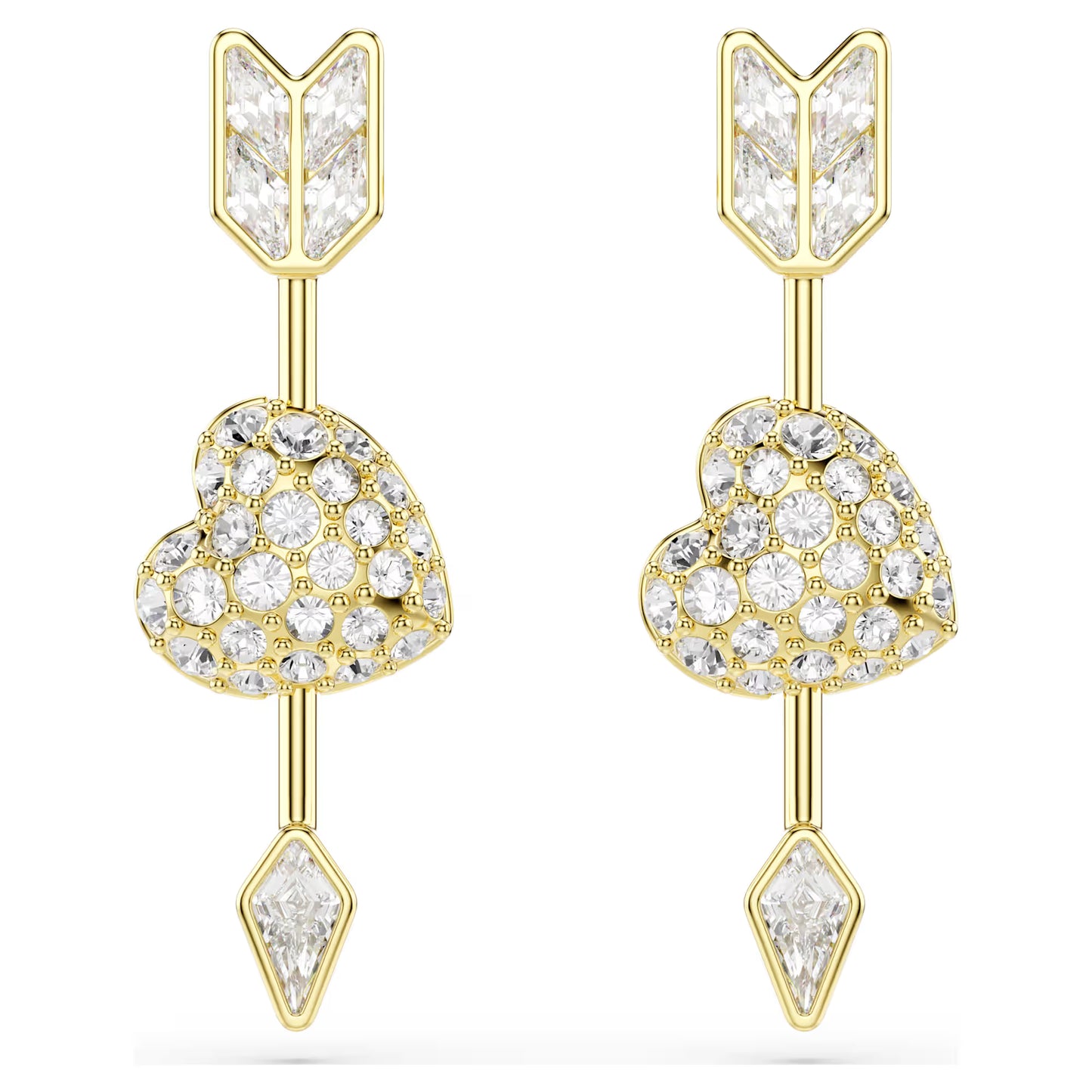 Idyllia drop earrings, Mixed cuts, Heart with arrow, White, Gold-tone plated