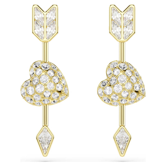 Idyllia drop earrings, Mixed cuts, Heart with arrow, White, Gold-tone plated