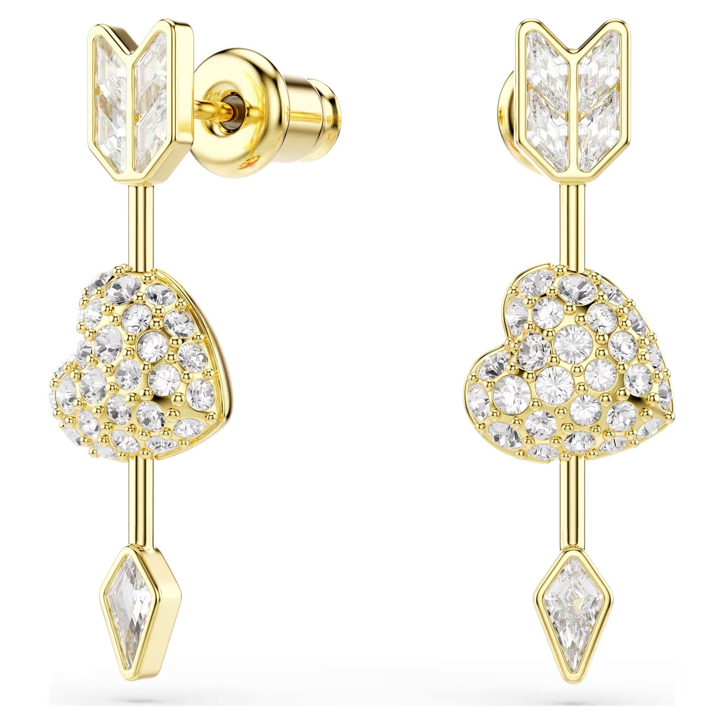 Idyllia drop earrings, Mixed cuts, Heart with arrow, White, Gold-tone plated