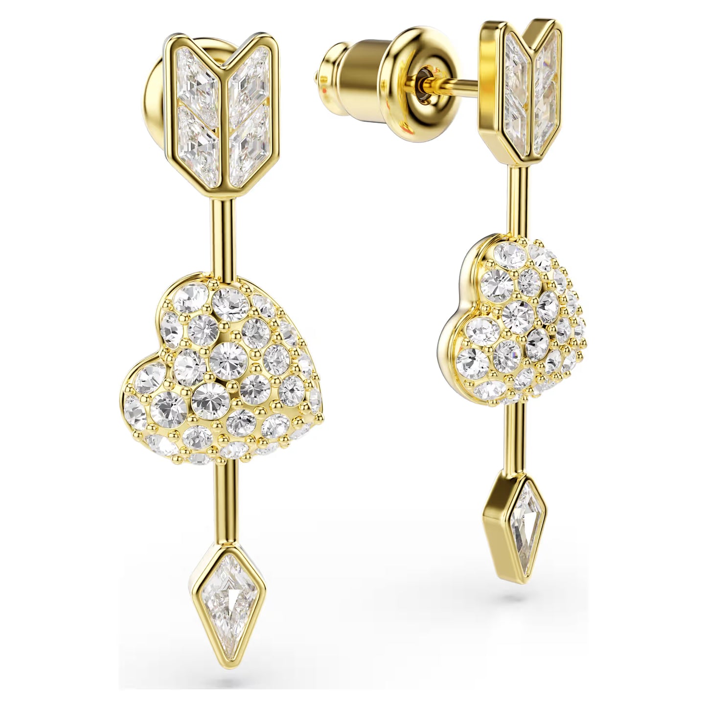 Idyllia drop earrings, Mixed cuts, Heart with arrow, White, Gold-tone plated