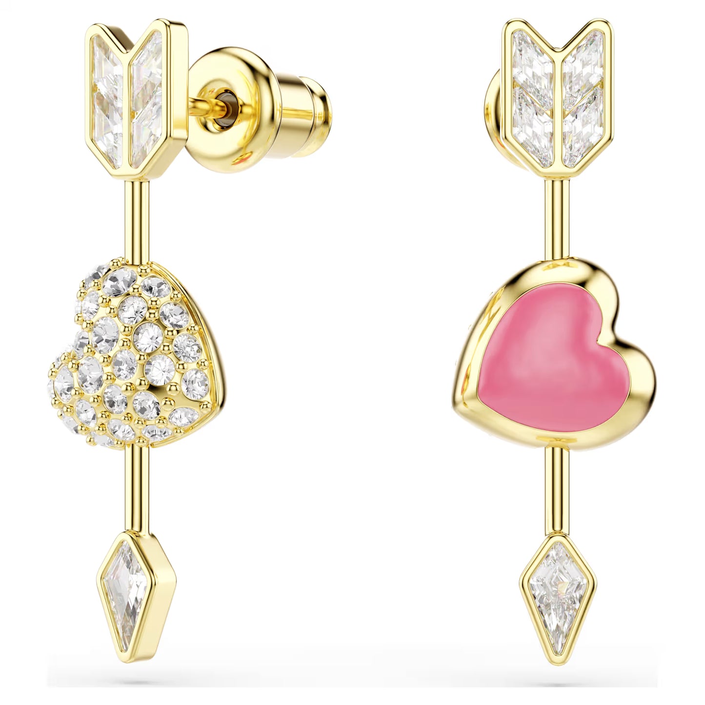 Idyllia drop earrings, Mixed cuts, Heart with arrow, White, Gold-tone plated