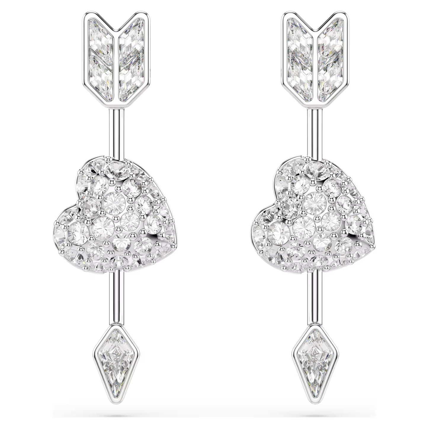 Idyllia drop earrings, Mixed cuts, Heart with arrow, White, Rhodium plated