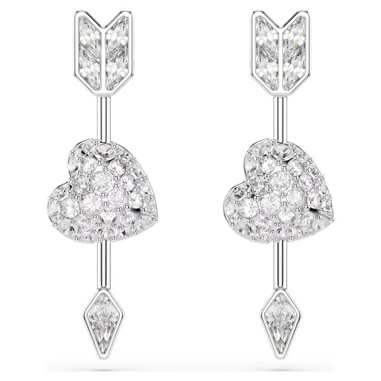 Idyllia drop earrings, Mixed cuts, Heart with arrow, White, Rhodium plated